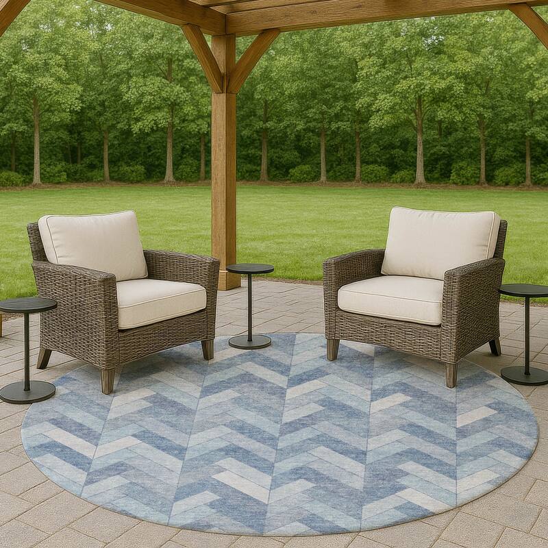 Machine Washable Indoor/ Outdoor Modern Chevron Chantille Rug - Sky - 8' x 8'