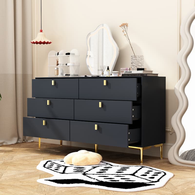 Dresser 6 Drawer Wood Dresser for Bedroom with Storage Modern Gold