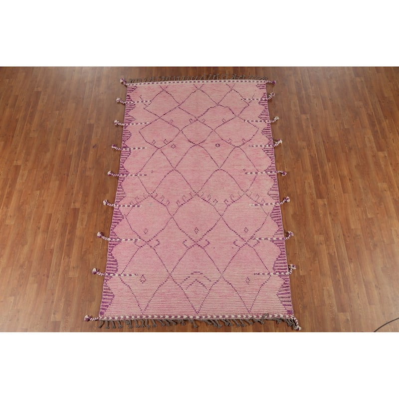 Pink Moroccan Oriental Area Rug Handmade Wool Carpet - 4'11"x 7'5"