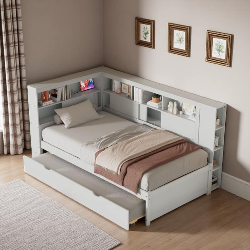 Twin Size Wood Daybed with Trundle, Storage Shelves, Built-in USB Port, and Charging Station, Natural Finish - Gray