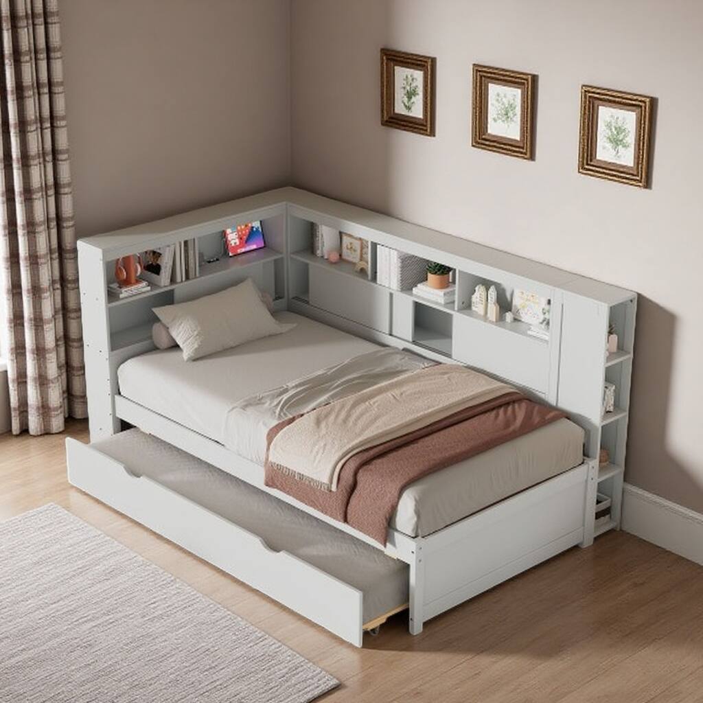 Twin Size Wood Daybed with Trundle, Storage Shelves, Built-in USB Port, and Charging Station, Natural Finish