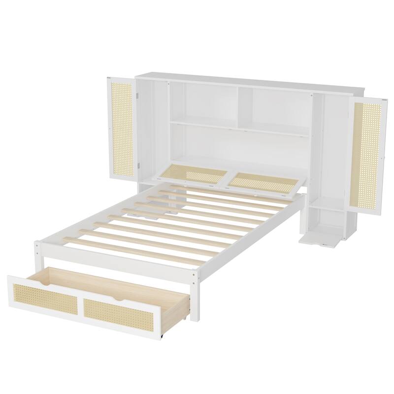 Twin Size Wooden Bed w/ 2 Storage Lockers, Drawer & Storage Shelf on Headboard, Multifunctional Platform Bed, Walnut