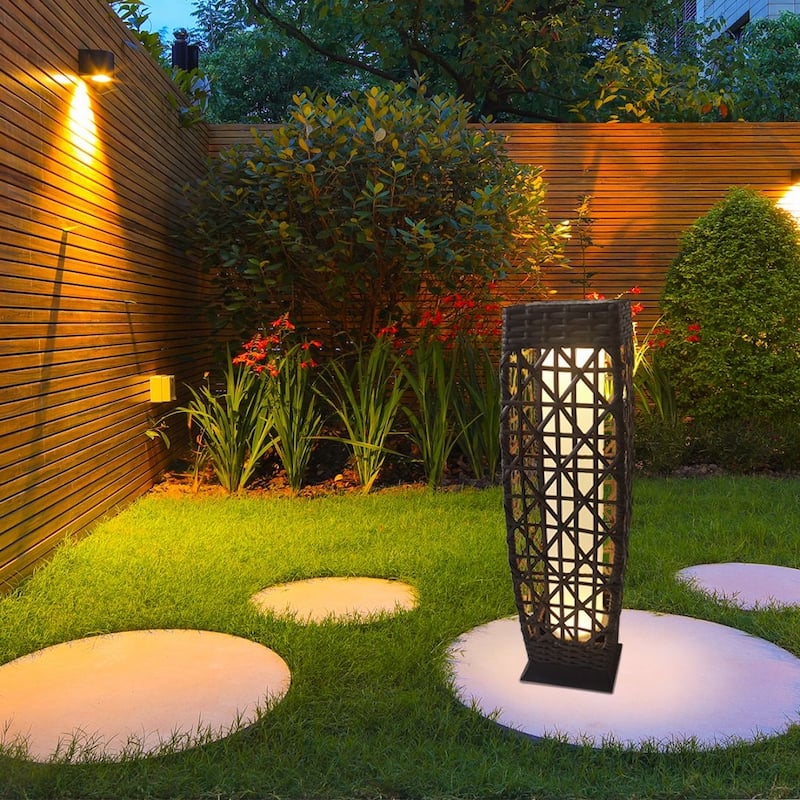 Tall Solar Floor Lantern Outdoor Rattan Light 7"x7"x27" Weatherproof