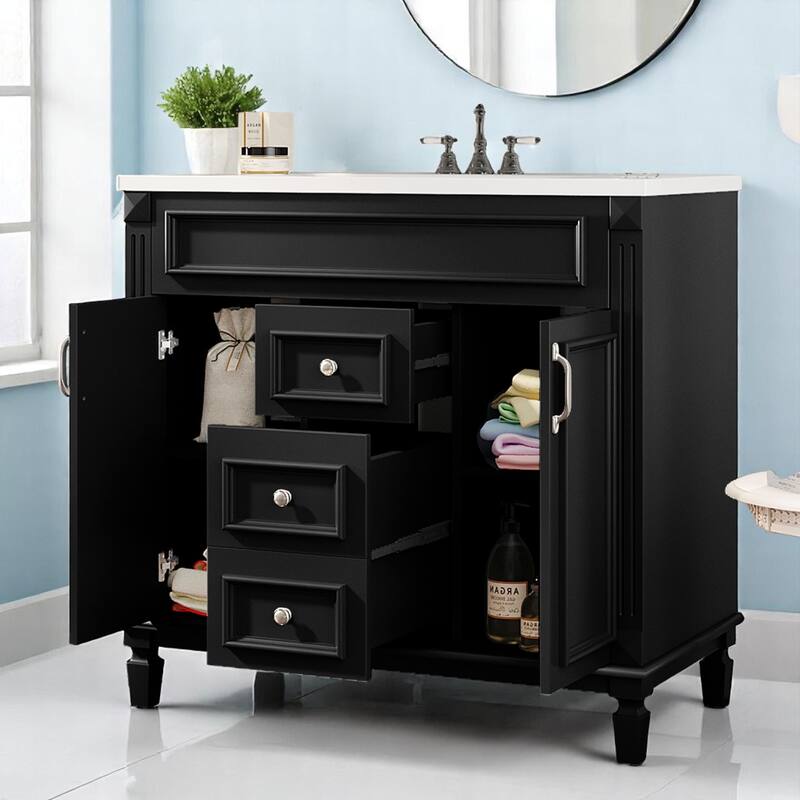 36 Inch Freestanding Bathroom Vanity with Sink, 2 Soft-Close Doors & 2 Drawers, Rectangular Ceramic Basin Included