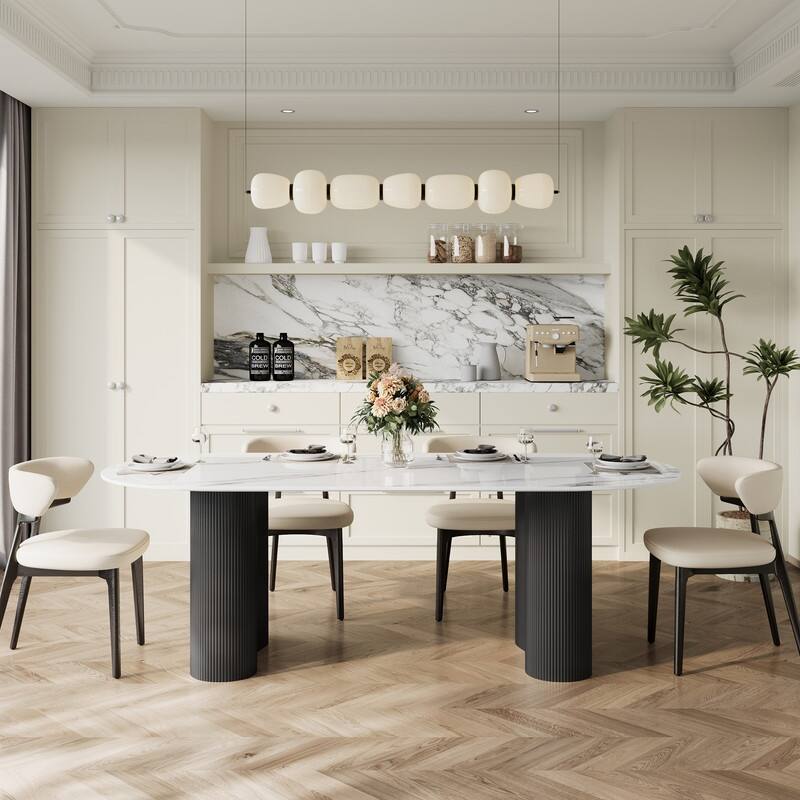 71" Glossy White Sintered Stone Dining Table, Double Round Legs, Oval Kitchen Table for 6 Persons