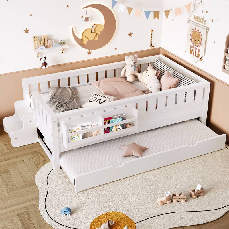 Twin with Built-in Bookshelves and Small Staircase, High-Quality Safety Rails, and Trundle