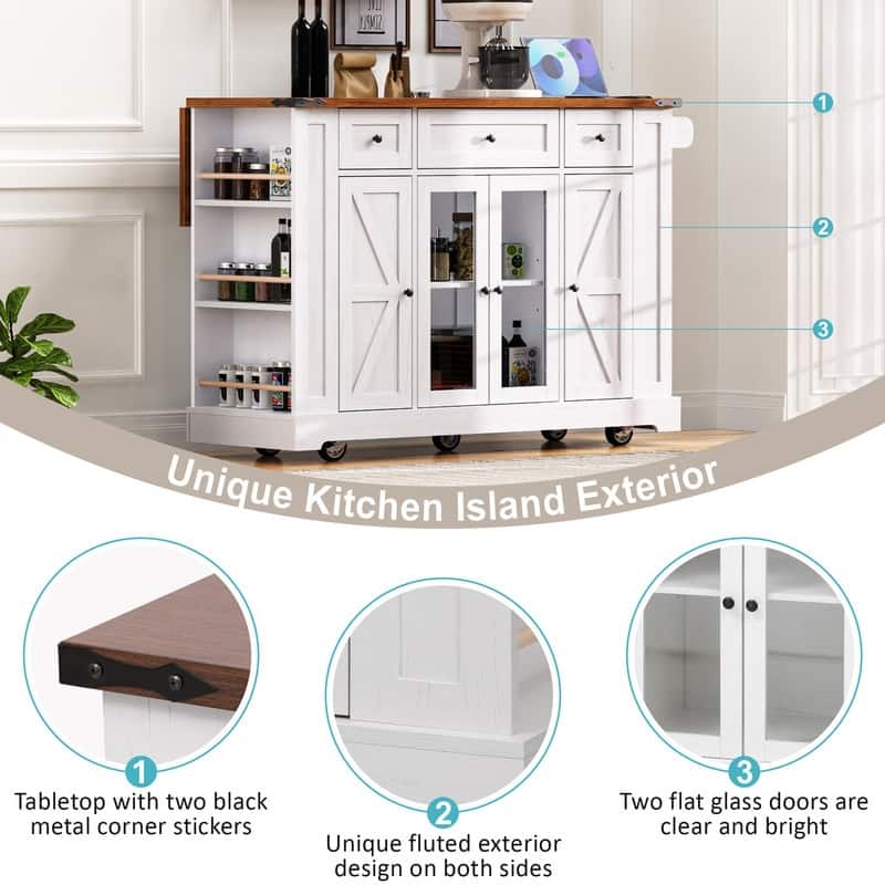 Farmhouse 53" Rolling Kitchen Cart on Wheels with Drop Leaf and Built-in Power Outlet