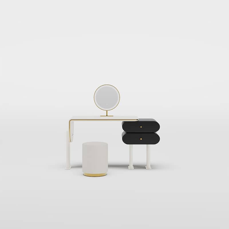 Modern Light Luxury Makeup Vanity Table Set，Wood Drawer, Stool, Plywood,White & Black