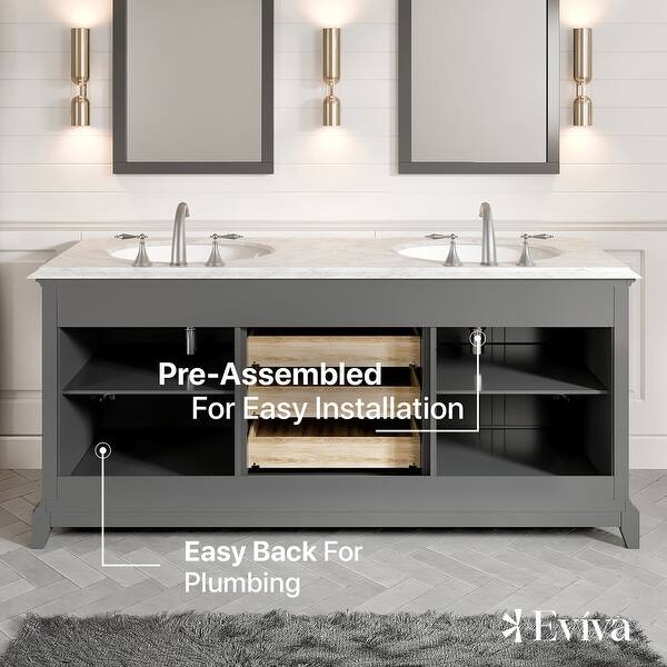 Elite Stamford 72 in. W x 24 in. D x 36 in. H Double Bath Vanity in Gray with White Carrara Marble Top White Sinks