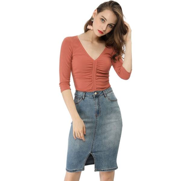 Shop Women S Deep V Neck 3 4 Sleeves Front Ruched Casual Fitted