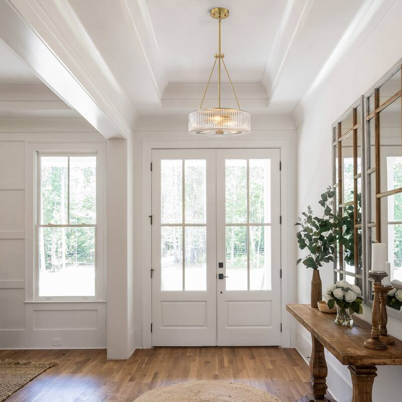 13.9 in. 3-Light Gold Chandelier Ripple Glass Pendant Light