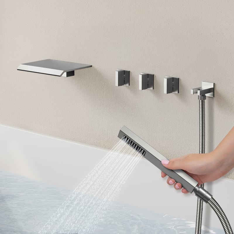 Waterfall Tub Faucet with Rough-in Valve,Wall Mounted Tub Spout with Handheld Shower - Brushed Nickel