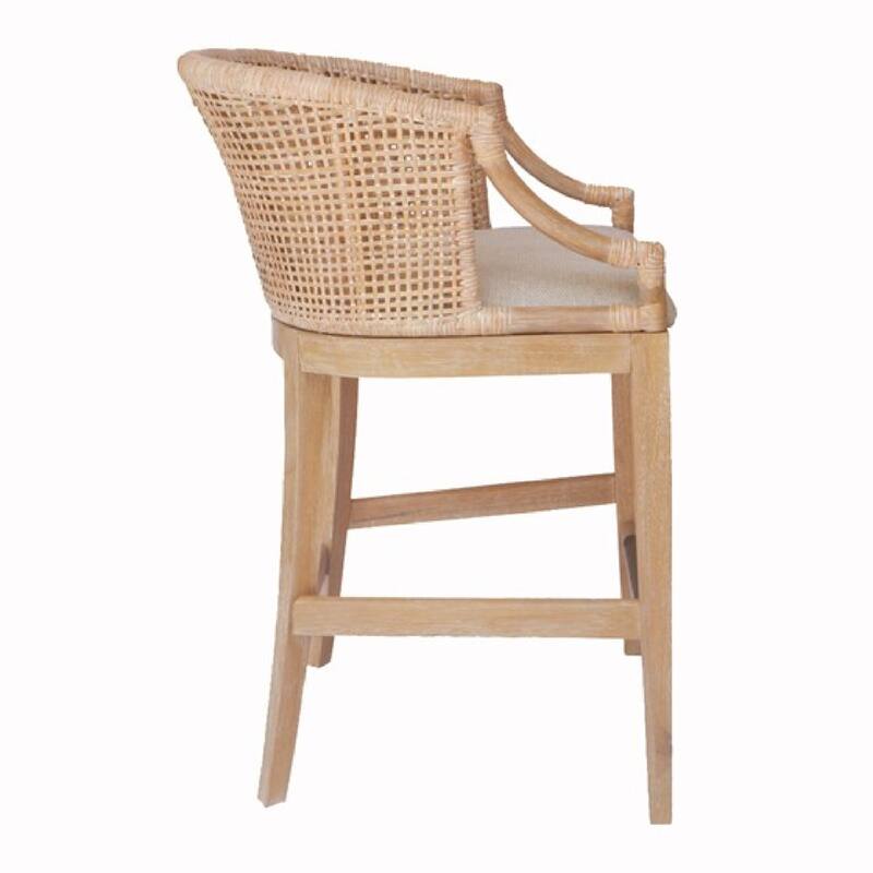 Roomfitters 25-Inch Handcrafted Rattan Counter Stool, Natural Whitewash with Reclaimed Wheat Legs and Bronze Kickplate