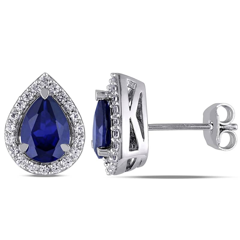 Miadora Sterling Silver Created Blue and White Sapphire Teardrop Halo Birthstone Stud Earrings