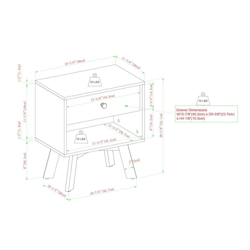 Mid-Century Modern 1 Nightstand Bedroom Storage Drawer and Shelf Bedside End Table, 21 Inch, Coastal Oak