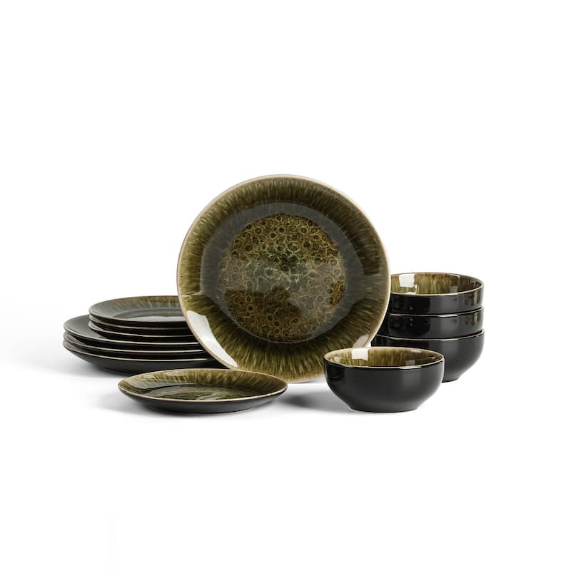 Stone Lain Riley Stoneware Dinnerware Set with Reactive Glaze - Black and Green - 12 Piece