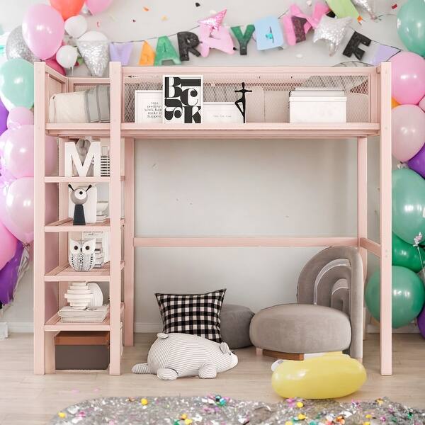 slide 2 of 33, Modern Twin Size Loft Bed with 4-Tier Shelves and Storage and 4-step Ladder for Bedroom
