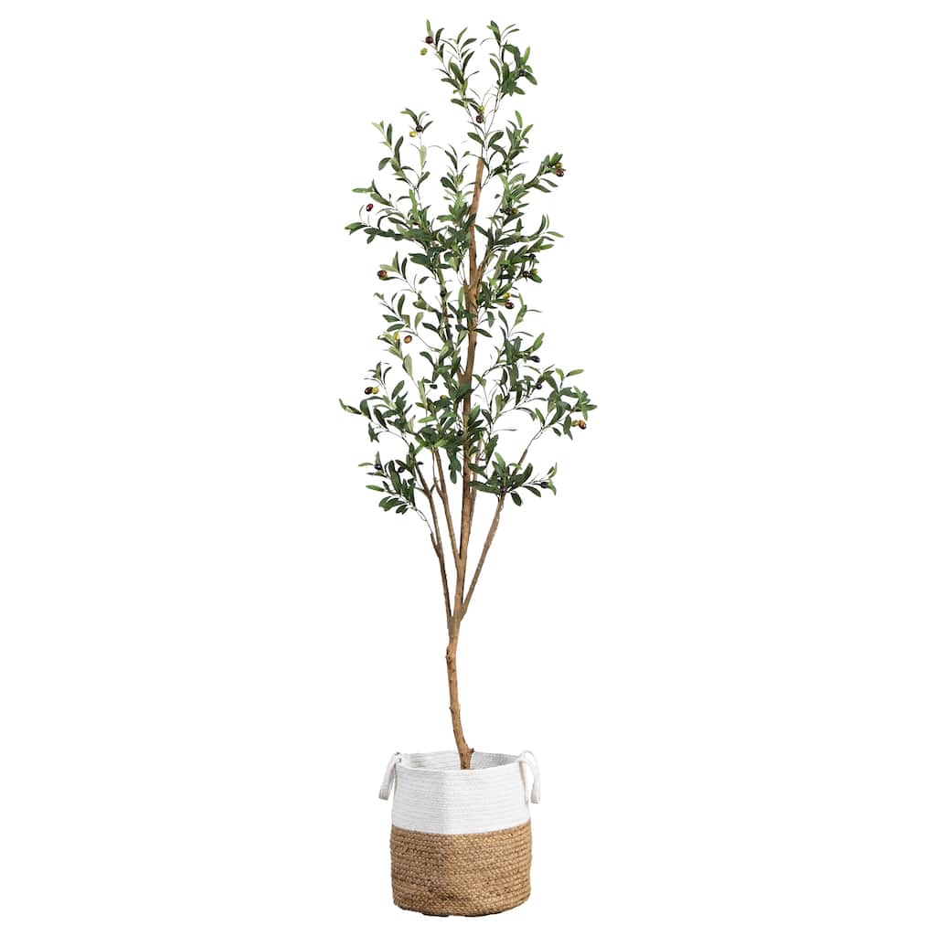 7' Artificial Olive Tree with Natural Trunk and Handmade Jute Basket - Green