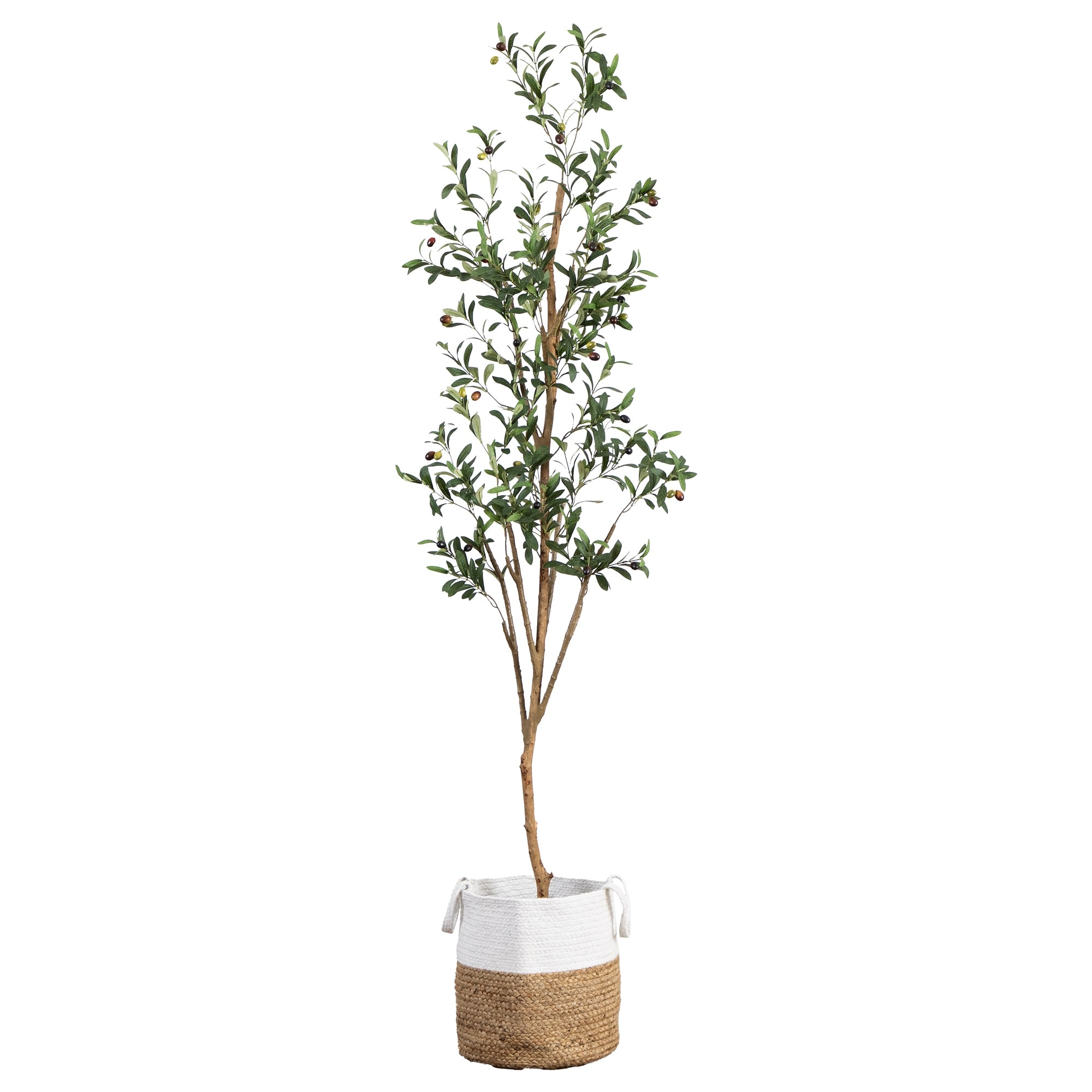 7' Artificial Olive Tree with Natural Trunk and Handmade Jute Basket - Green