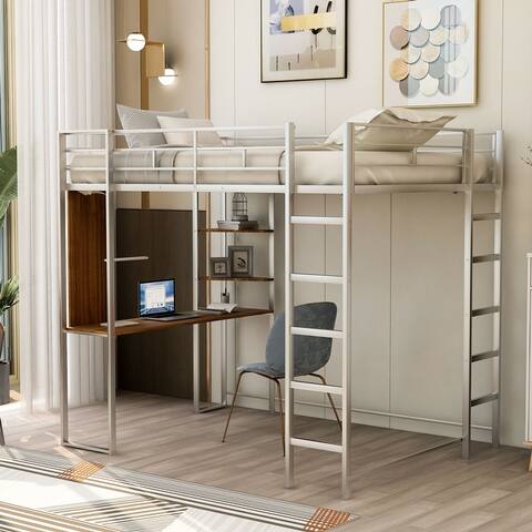 Nestfair Full Size Metal Loft Bed with 2 Shelves and Desk