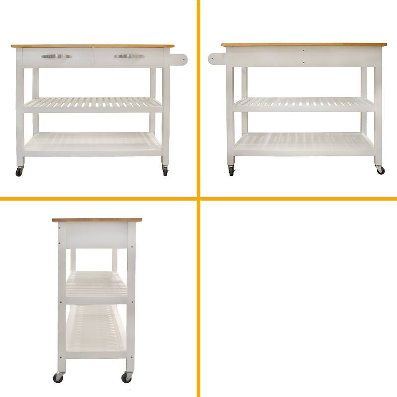 Rolling Kitchen Cart with Rubber Wood Top, Towel Rack, 2 Lockable Wheels & Storage Drawers