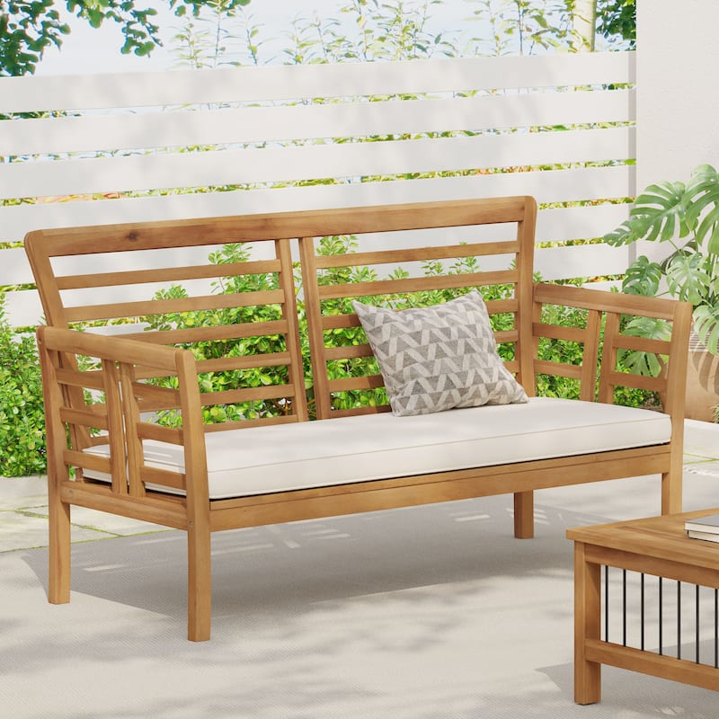Caydon Acacia Wood Outdoor Loveseat with Cushions by Christopher Knight Home - Brown + Cream