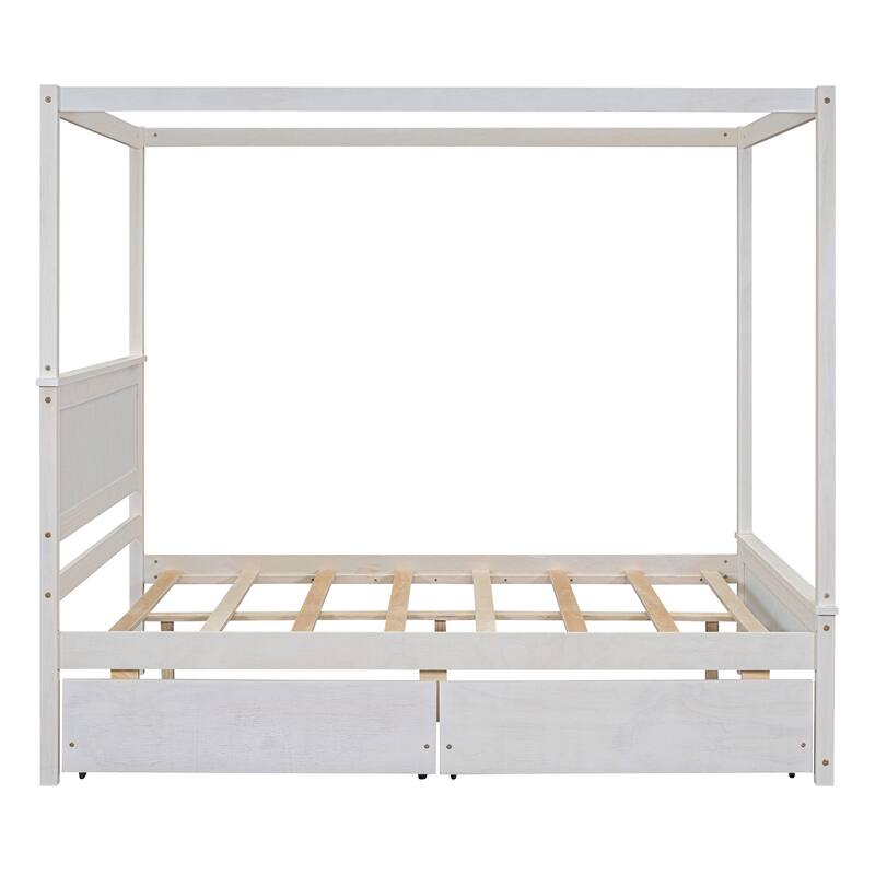 Wood Canopy Bed with two Drawers, Full Size Canopy Platform bed With