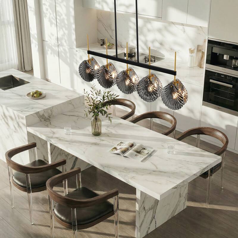 Modern 5-Light Linear Chandelier with Smoky Gray Glass Shades for Dining Room or Kitchen Island