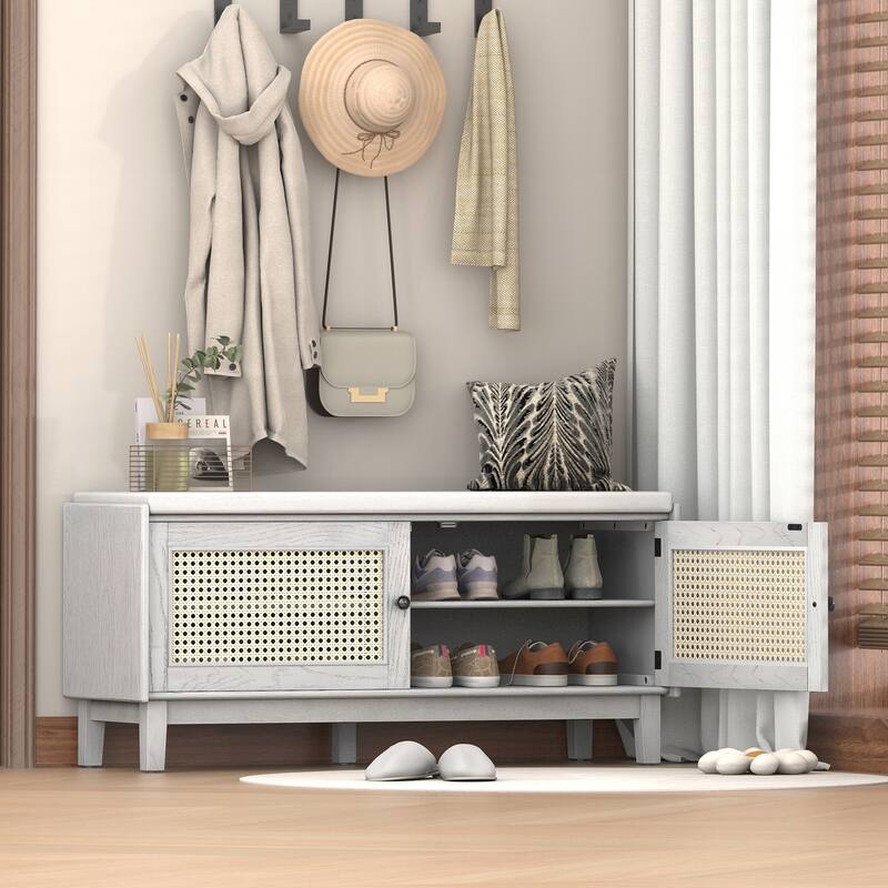 Rattan Entryway Bench with Storage, Cushioned Shoe Bench with Double Doors