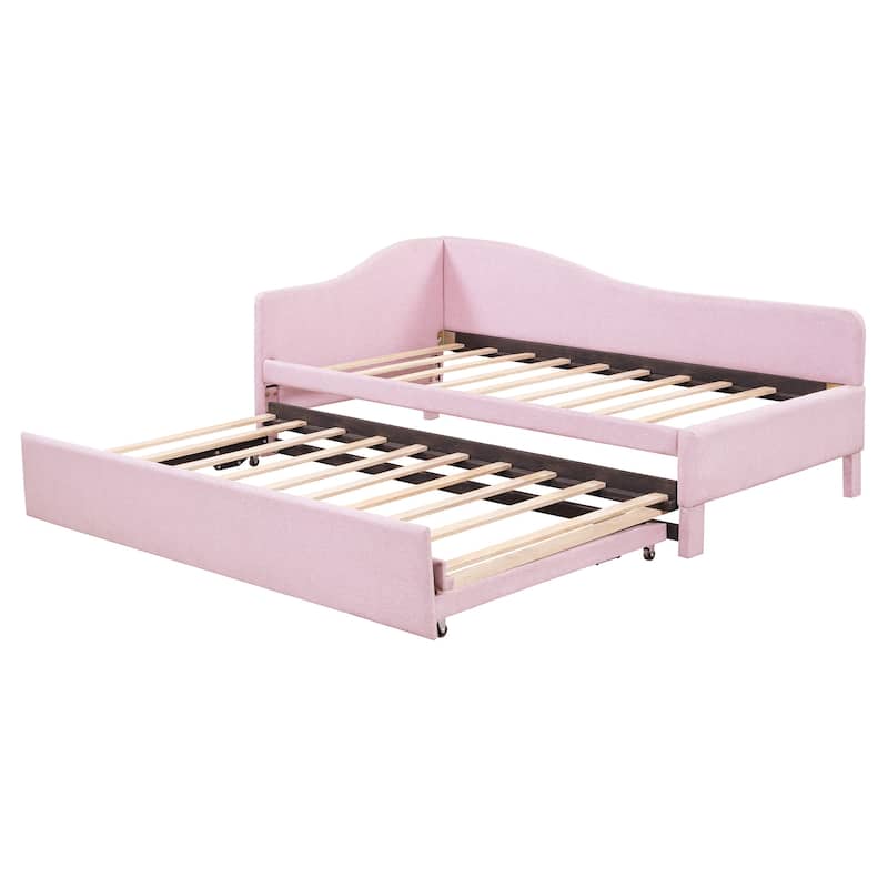 L-Shaped Backrest Platform Bed, Twin to King Extendable Daybed, Linen Upholstered Low Profile Panel Bed with Pop Up Trundle