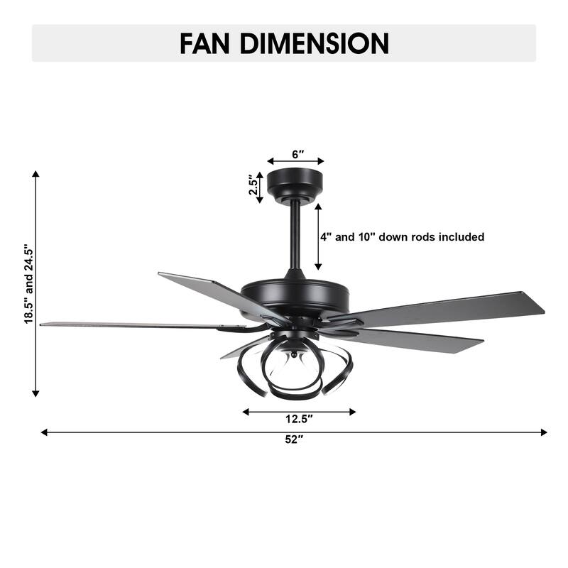 52" Contemporary Black Dimmable LED Ceiling Fan with Light and Remote