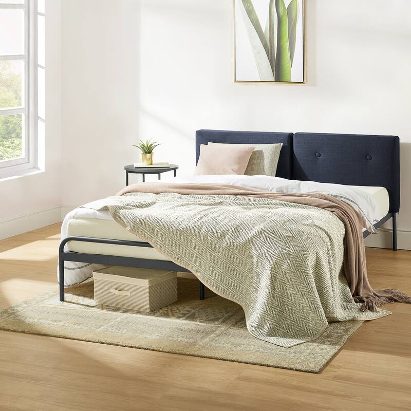 Maggie Navy Metal Platform Bed with Upholstered Cushioned Headboard By Crown Comfort