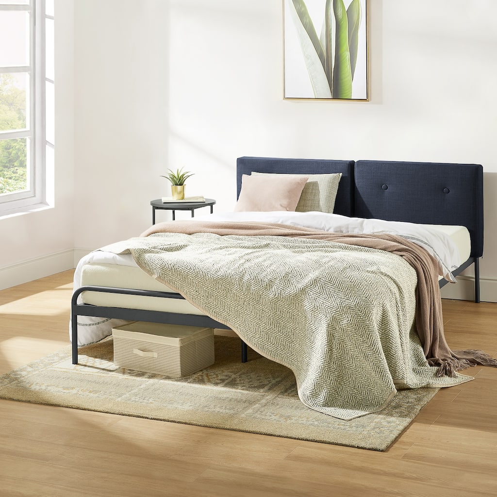 Maggie Navy Metal Platform Bed with Upholstered Cushioned Headboard By Crown Comfort