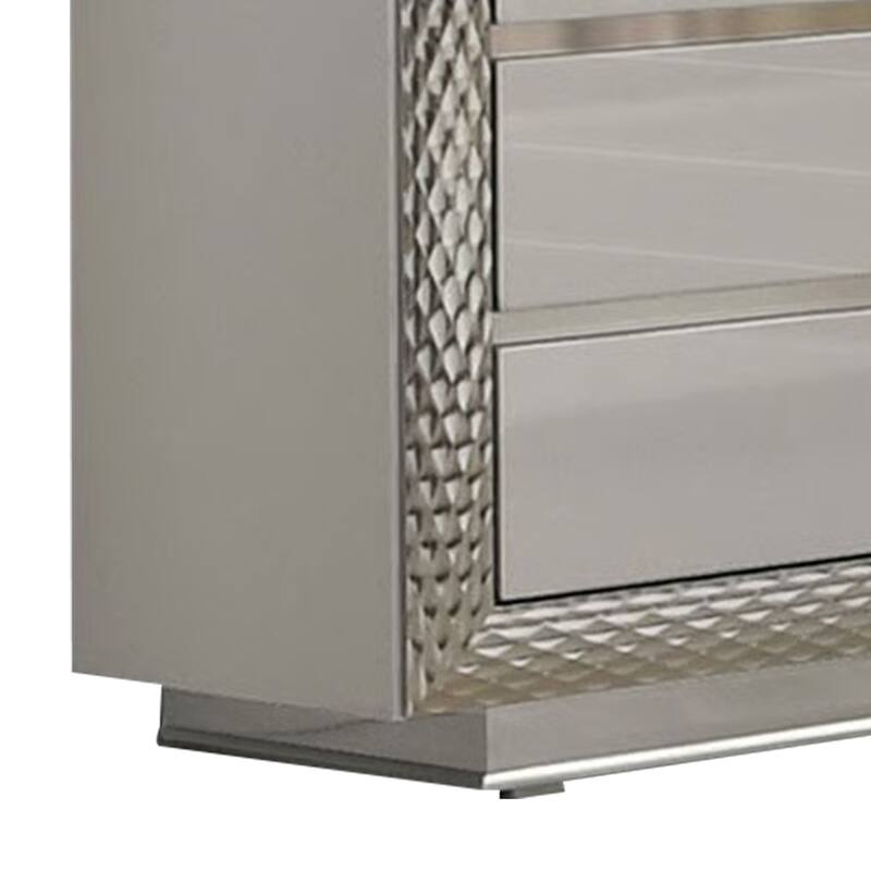 Vino 6 Drawer Wide Dresser, Gray Solid Wood, Silver Molding