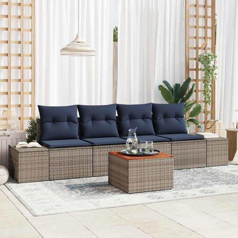 vidaXL 5 Garden Sofa Set with Cushions Black/Grey Poly Rattan - 115.7 x 24.4 x 27.2 - Grey