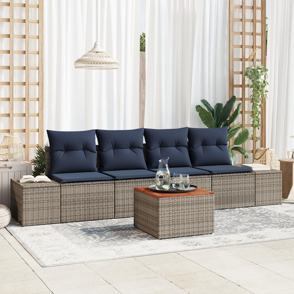 vidaXL 5 Garden Sofa Set with Cushions Black/Grey Poly Rattan - 115.7 x 24.4 x 27.2