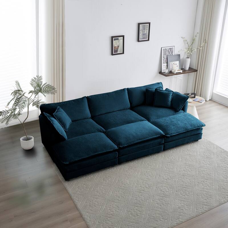 GDFStudio - Orinthia Chenille 3 Seater Sofa with 3 Ottomans with Toss and Arm Pillows - Blue