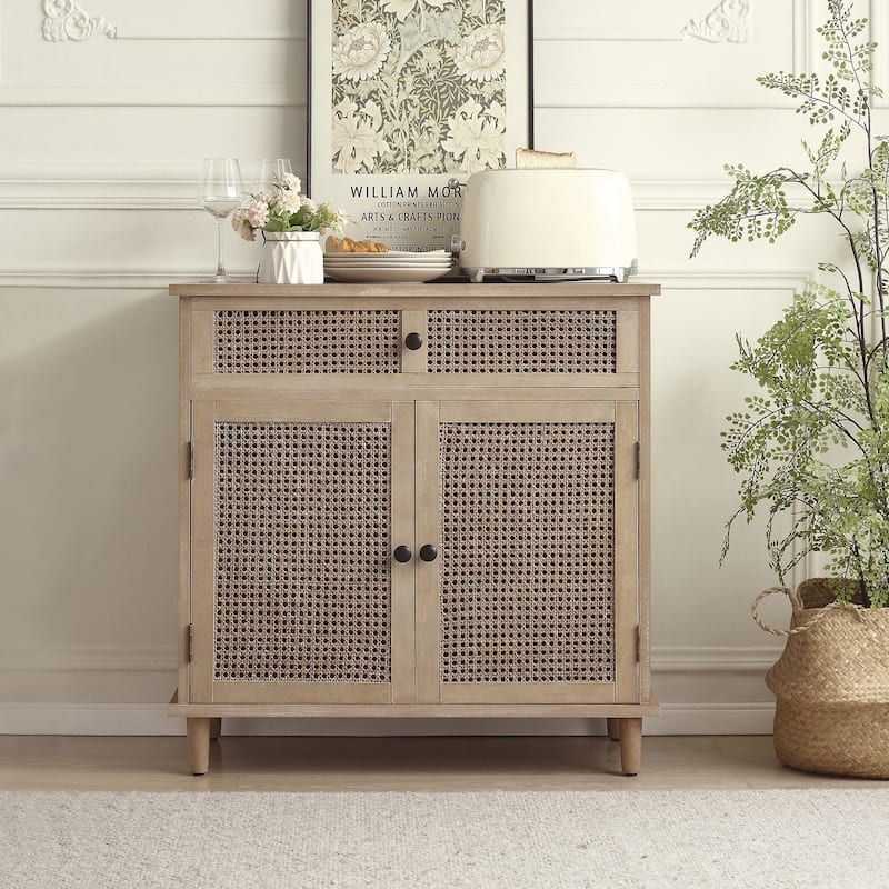 Art Leon Woven Rattan Wicker Accent Cabinet - With Drawer - Natural Bamboo Finish
