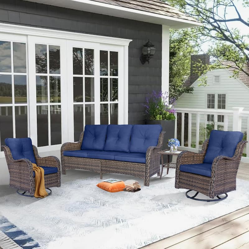 4 Piece Outdoor Seating Wicker Patio Furniture Swivel Chair Sofa Sets - Navy Blue-Brown Rattan