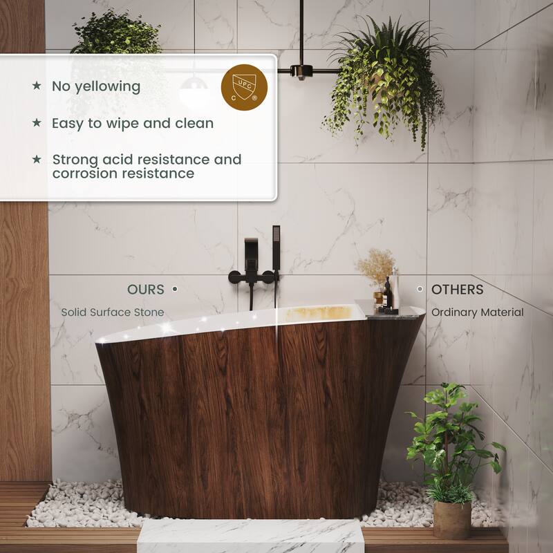 51 in. Solid Surface Freestanding Deep Soaking Bathtub with Built-In Seat, Right Drain, Matte White with Wood Grain Pattern