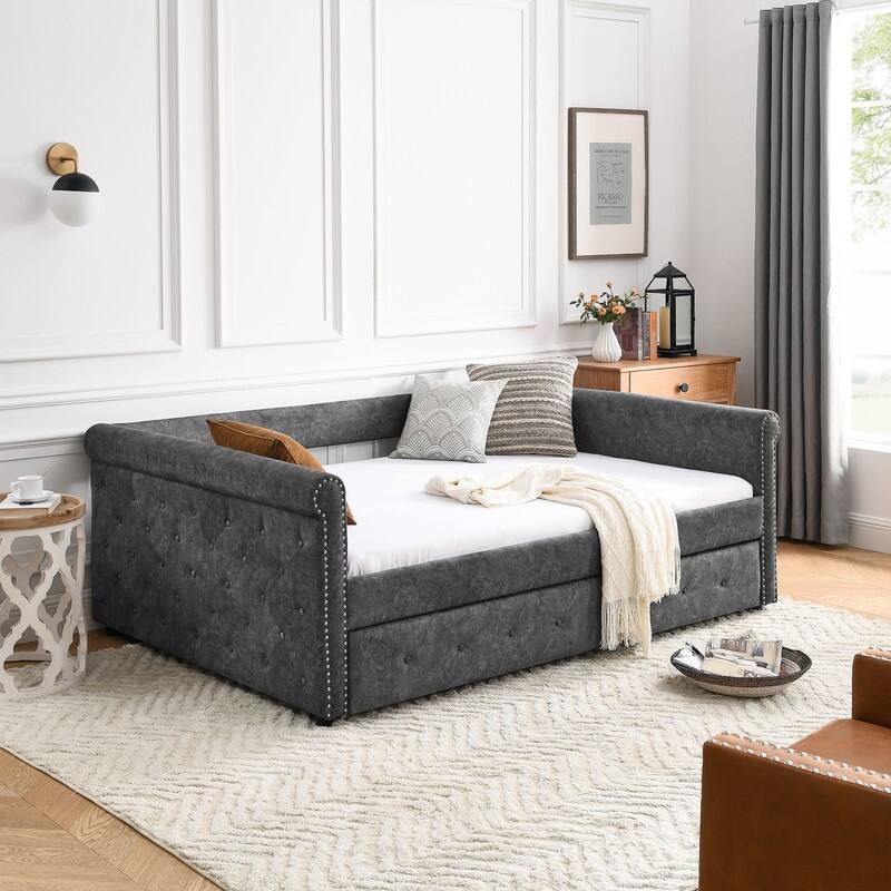 Daybed with Trundle,Wooden Structure Fabric Upholstered Full Size Day Bed Frame/Twin RollOut