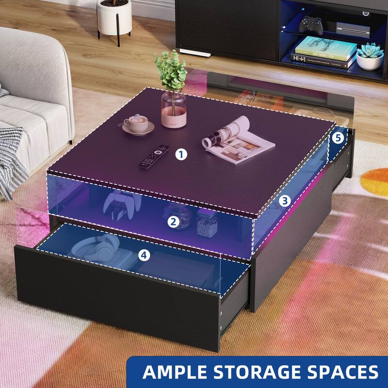 Moasis LED Square Coffee Table with Acrylic Drawers, Wood Center Table for Living Room