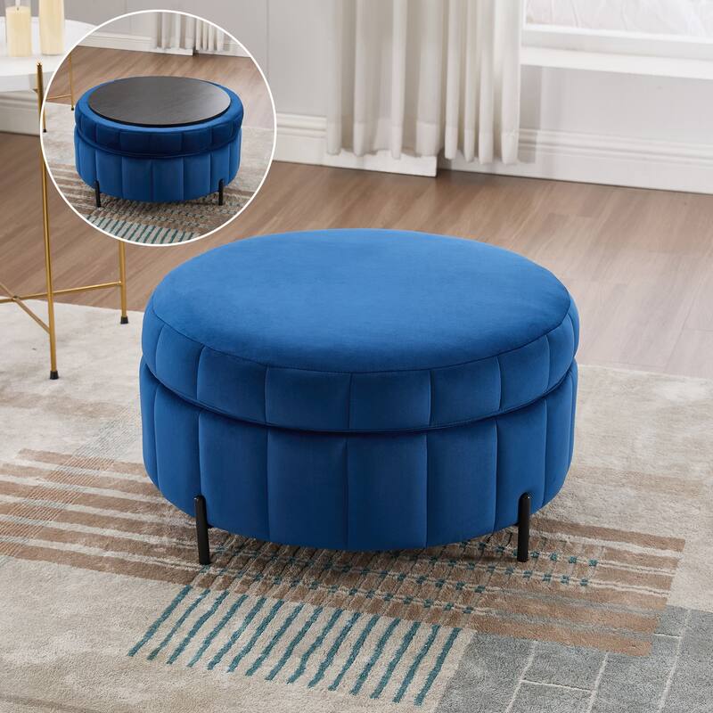 Roomfitters Round Velvet Storage Ottoman Coffee Table, Reversible Lid Footrest for Living Room Bedroom Office - Navy
