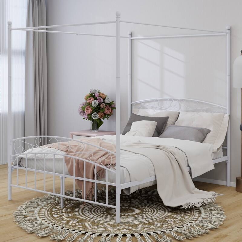 Caxkun Canopy Bed Frame Four-Poster Metal Platform Bed - White - Queen