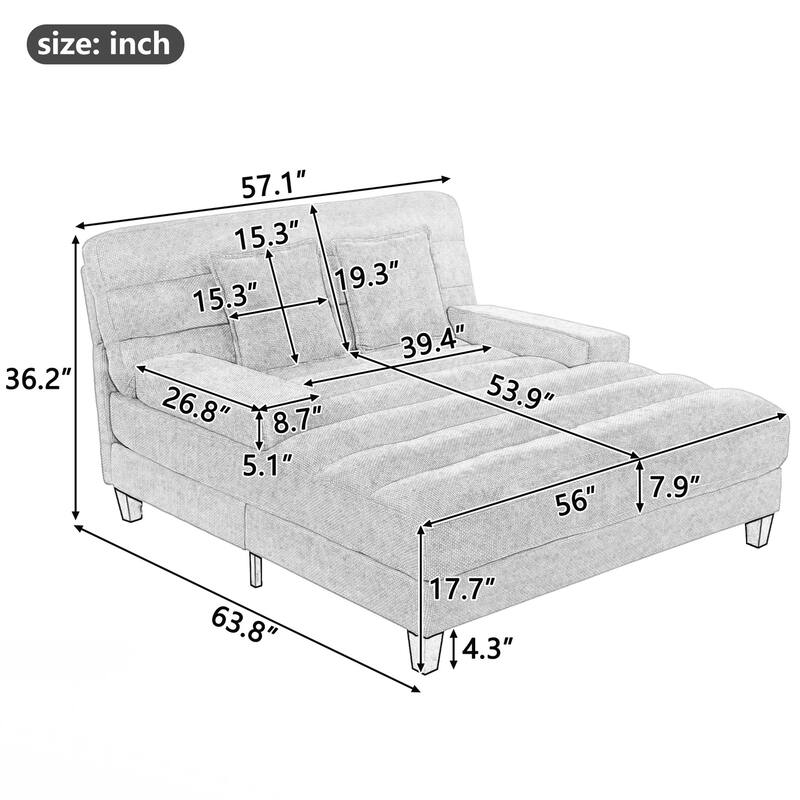 Modern Chaise Lounge Sofa 57.1" Sofa Bed Upholstered Lounge Sofa Chair with Adjustable Backrest and LED Light Strip