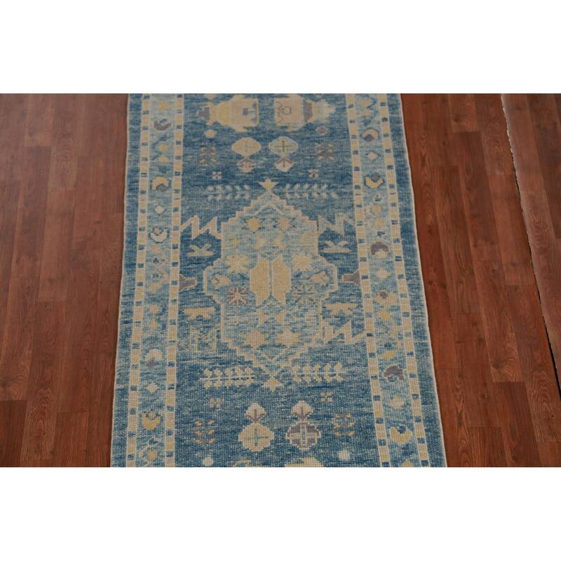 Hand Knotted Oriental 100% Wool Carpet Transitional Geometric Navy Blue & Blues Oushak Runner Rug - 14' 4'' X 2' 10''
