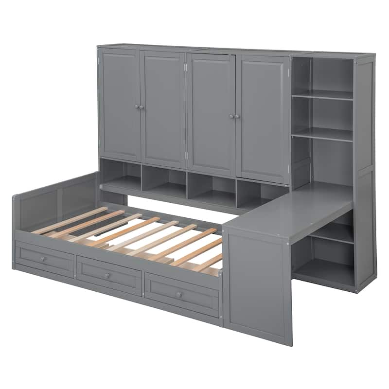 Full or Twin Size Wooden Daybed - 3 Drawers + All-in-One Cabinet, Desk & Shelves, Multi-Functional Furniture Piece