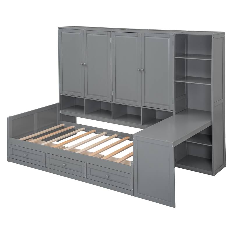 Modern Twin Daybed with All-in-One Cabinet, Desk Wooden Daybed Sofa Bed Frame with 3 Drawers, Multi-Functional Headboard