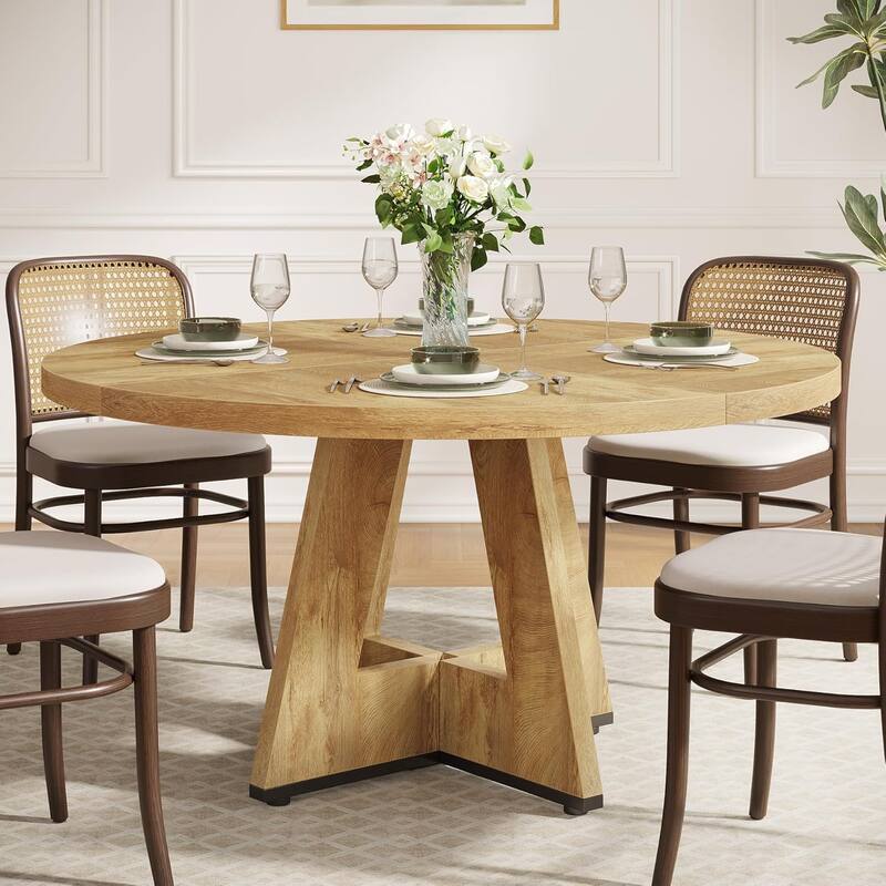 47" Round Wood Dining Table 4-Seater Farmhouse with Wooden Tabletop Cross Base for Dining Room/Kitchen