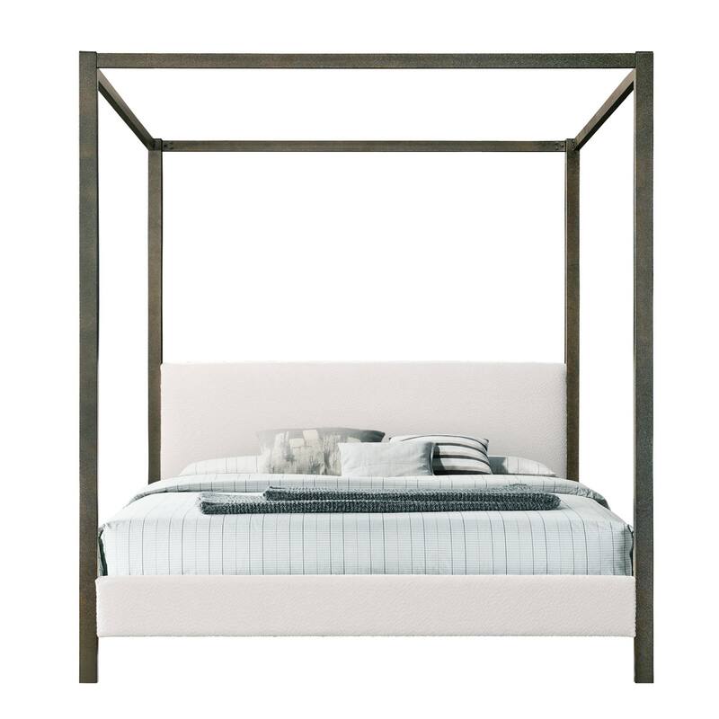 Beecher White Boucle Canopy Queen Bed with Iron Frame - White - King